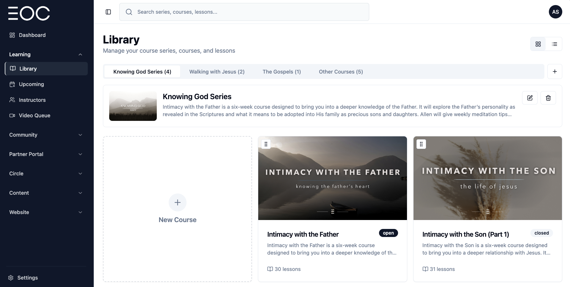Excellencies of Christ course administration library showing series, courses, and lessons